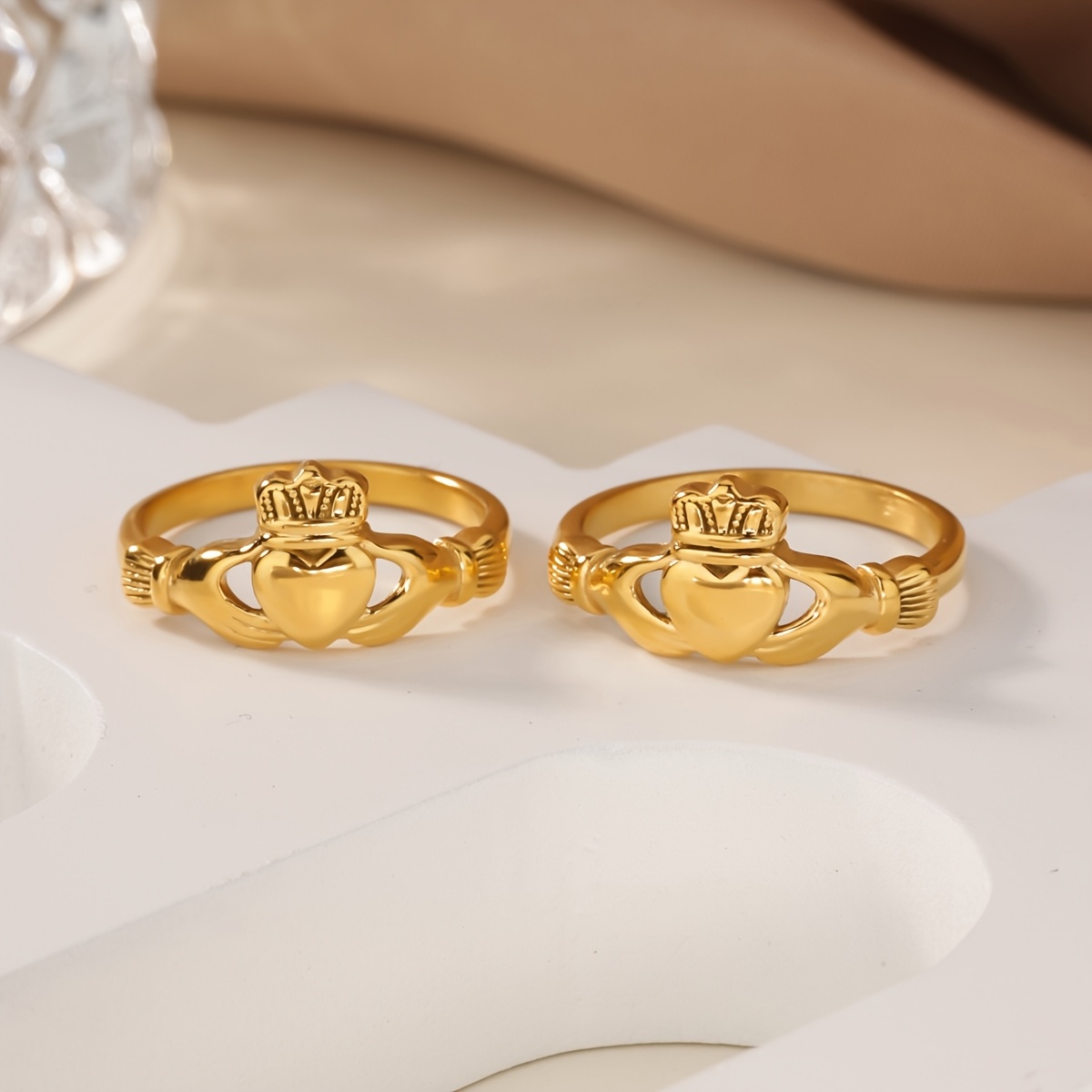 Cute Golden Stainless Steel Heart-Shaped Crown Ring